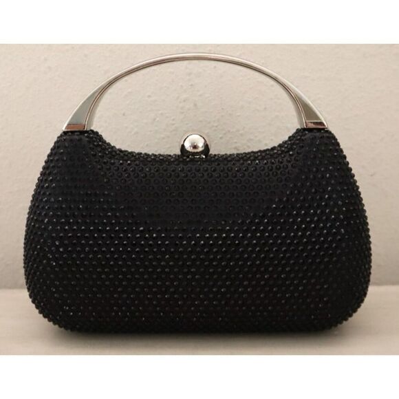 Nina Black Crystal Minaudiere w/Metal Handle & Detachable Drop-In Chain Strap - Picture 6 of 14